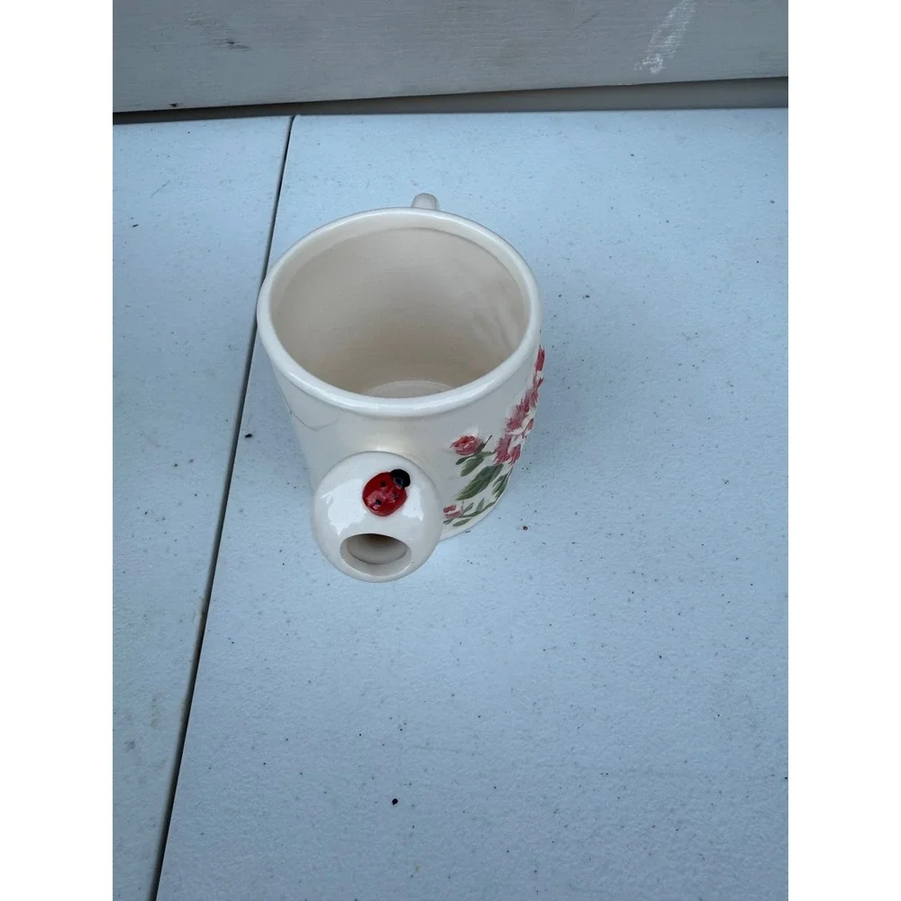 Ceramic Miniature Watering Can Pink Peony Flower Ladybug Cottagecore Decor 4.5in